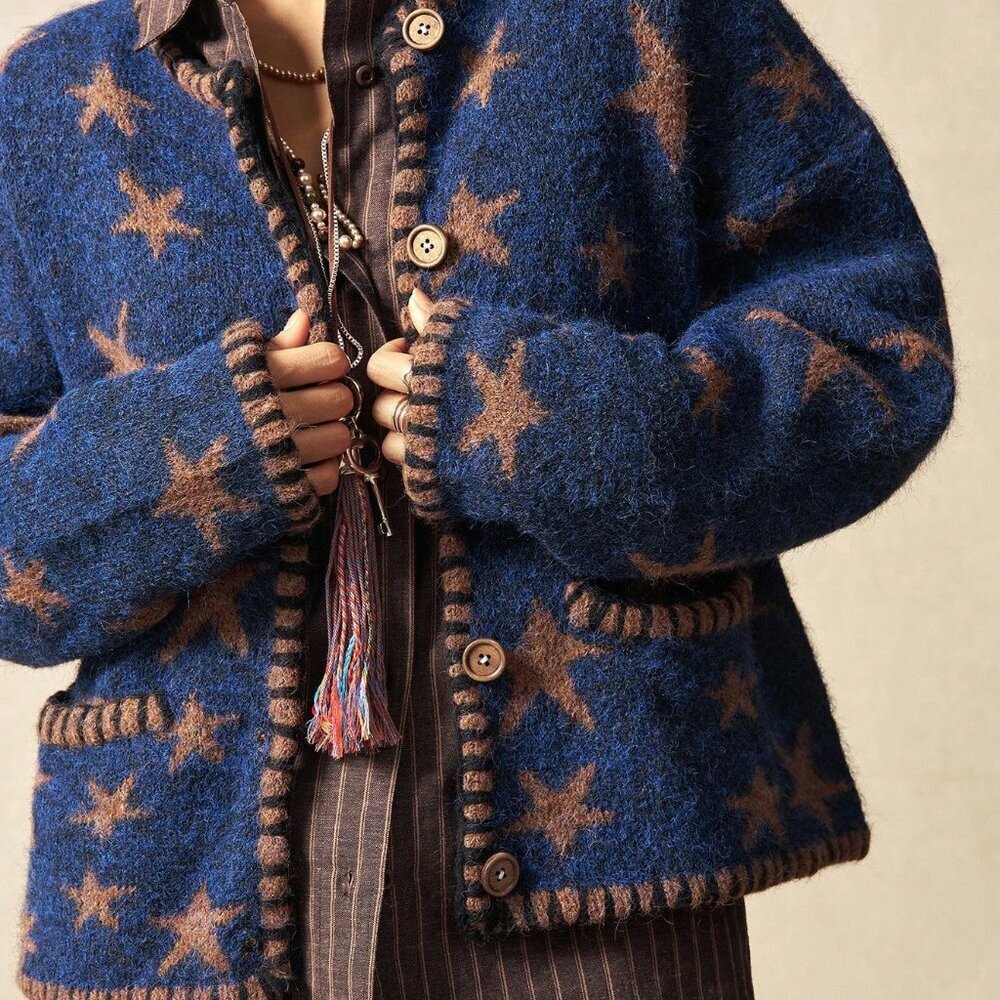 Blue Boho Style Women's Star Jacquard Knit Cardigan - Picture 3 of 6